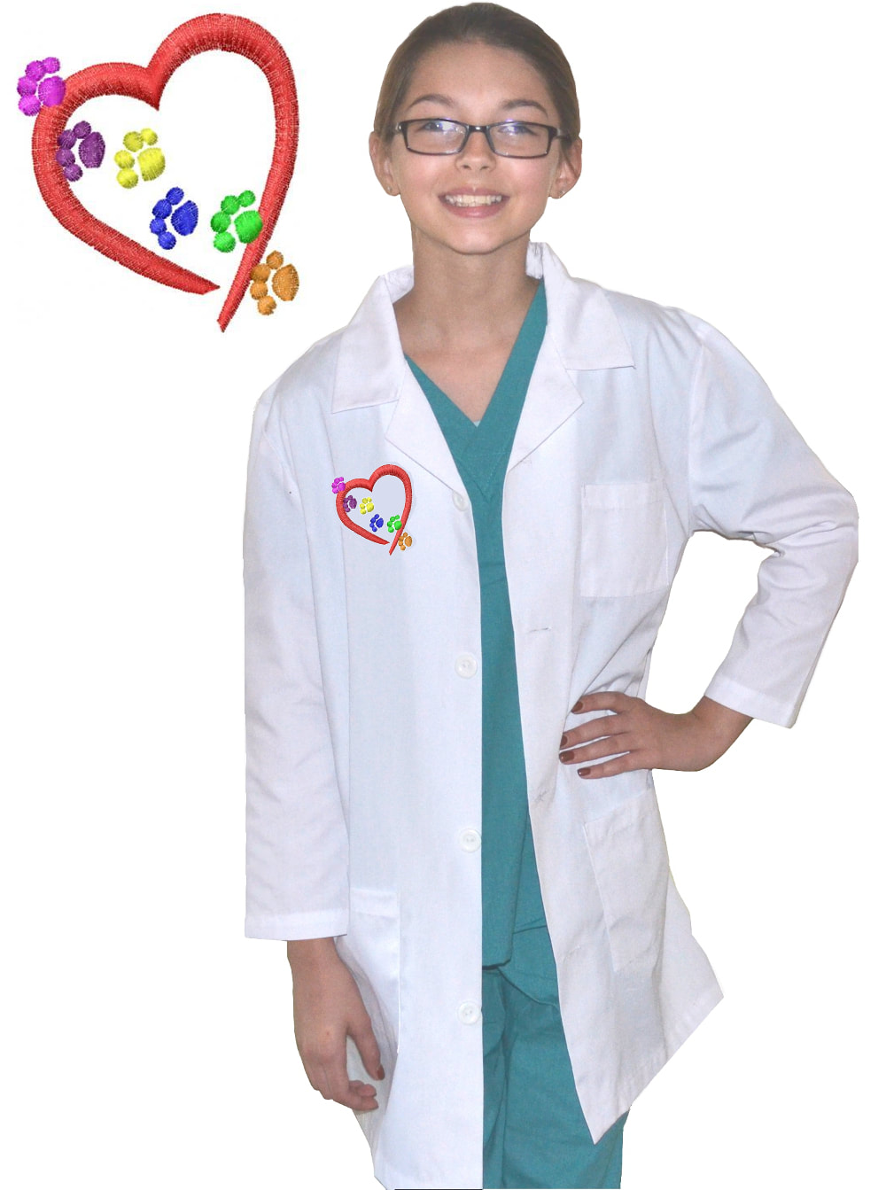 Kids Veterinarian Lab Coat with Paw Prints Heart Embroidery Design