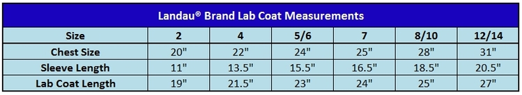 Landau Kids Lab Coats Size Chart