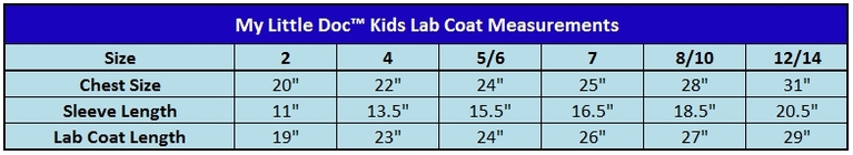 Kids Lab Coats Size Charts