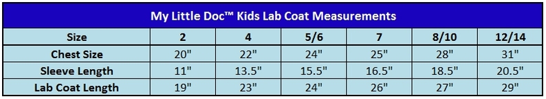 Kids Lab Coat Size Chart